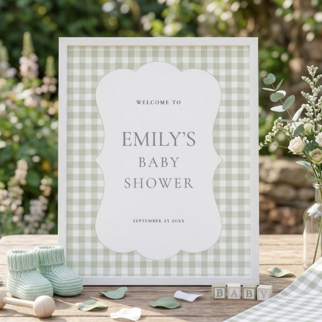 Sage Gingham Bågbord Välkommen Baby Shower Poster (Skapare uppladdad)