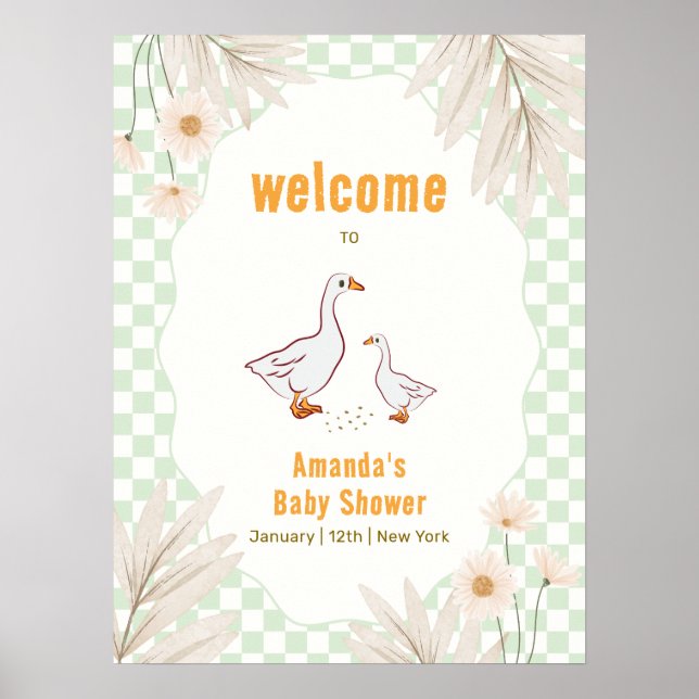 Sage Gingham Boho Daisy Goose Baby Shower Välkomme Poster (Framsidan)