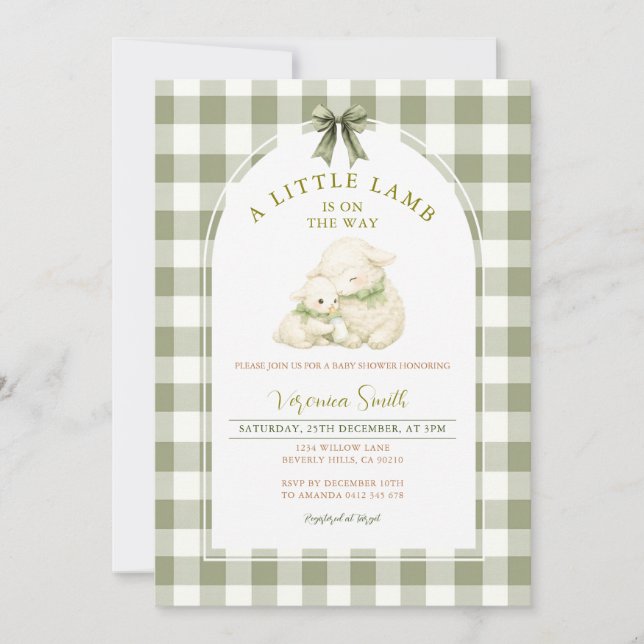 Sage Gingham Bow Little Lamb Baby Shower  Inbjudningar (Framsida)