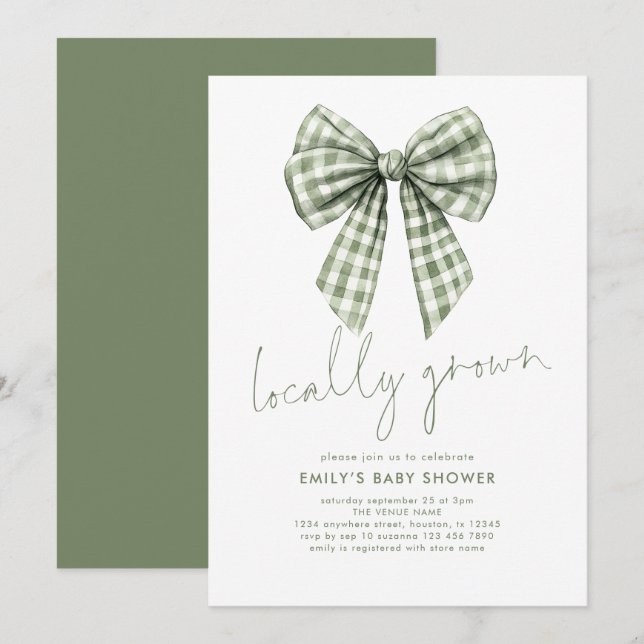 Sage Gingham Coquette Locally Grown Baby Shower Inbjudningar (Fram/baksida)