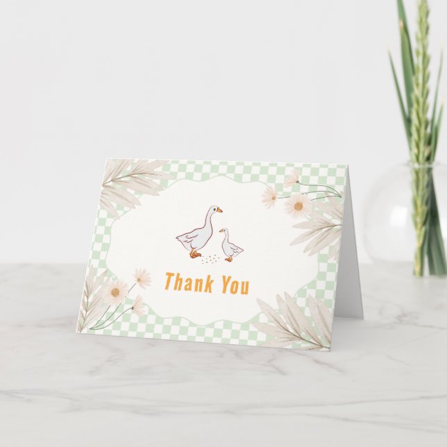 Sage Gingham Daisy Boho Dumma Gås Bebis Baddning Tack Kort (Framsida)