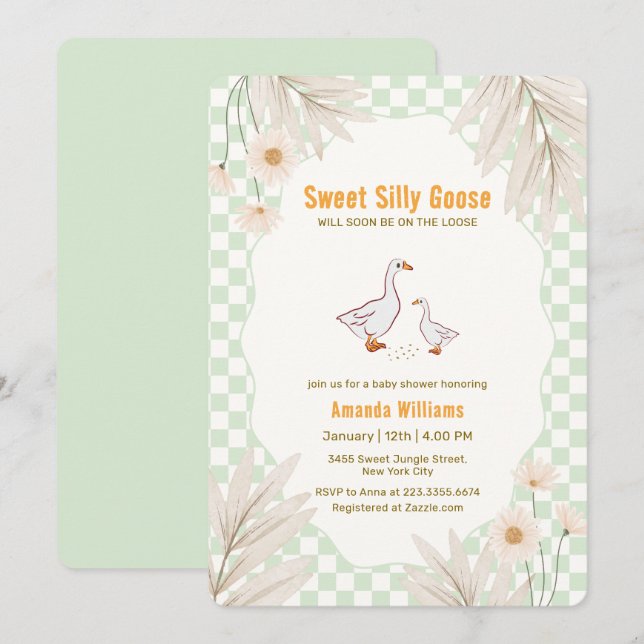 Sage Gingham Daisy Boho Dumma Gås Bebis Badrum Inbjudningar (Fram/baksida)