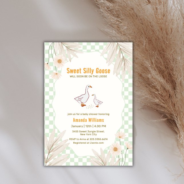 Sage Gingham Daisy Boho Dumma Gås Bebis Badrum Inbjudningar (Sage Gingham Daisy Boho Silly Goose Baby Shower Invitation)