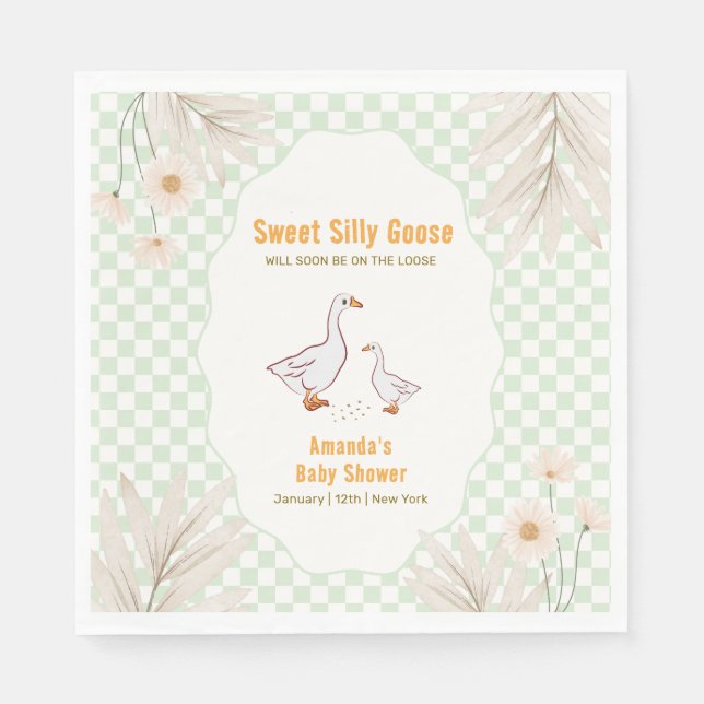 Sage Gingham Daisy Boho Silly Goose Baby Shower  Pappersservett (Framsidan)