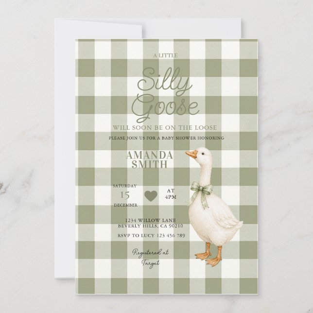 Sage Gingham Dumma Gås Bebis Shower Inbjudan (Framsida)