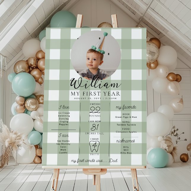 Sage Gingham First Birthday Milestone Timeline Poster (Skapare uppladdad)