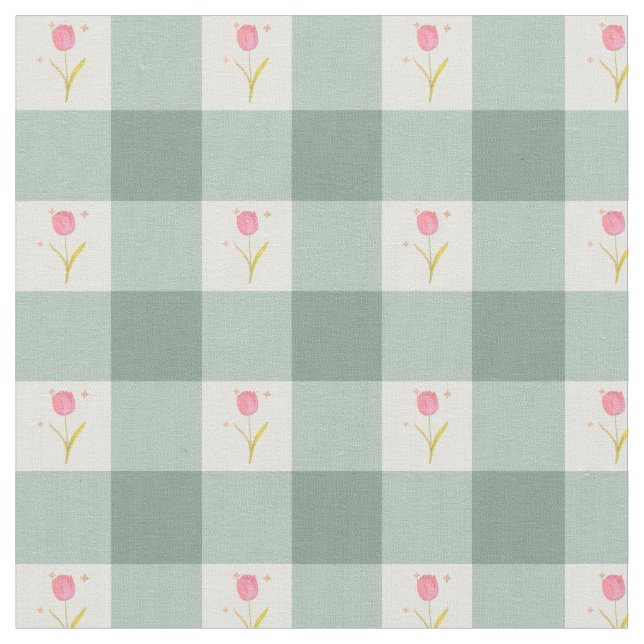 Sage Gingham Floral Fabric by the Yard Tyg (Närbild)