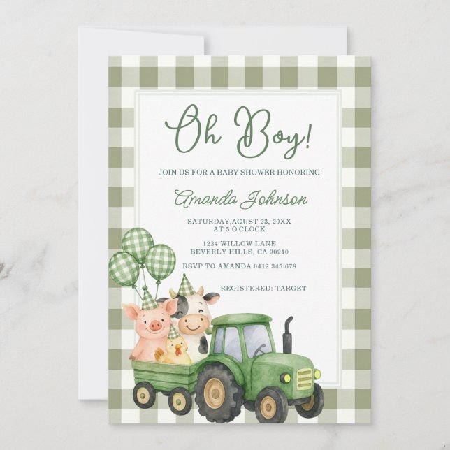 Sage Gingham Grön Traktor Baby Shower Inbjudan (Framsida)