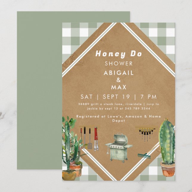 Sage Gingham Honey Do Dusch Inbjudningar (Fram/baksida)