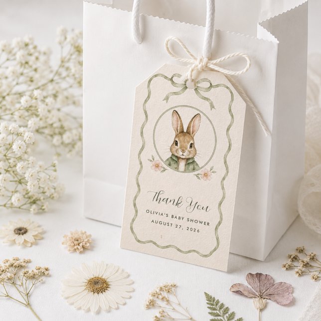 Sage Gingham Kanin Babyshower Presentetikett (Skapare uppladdad)