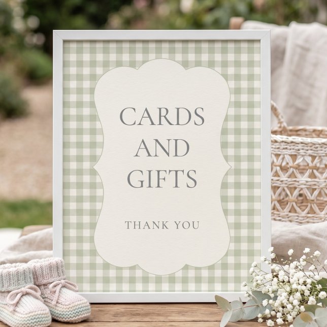 Sage Gingham Kort Gåvor Baby Shower Skylt (Skapare uppladdad)