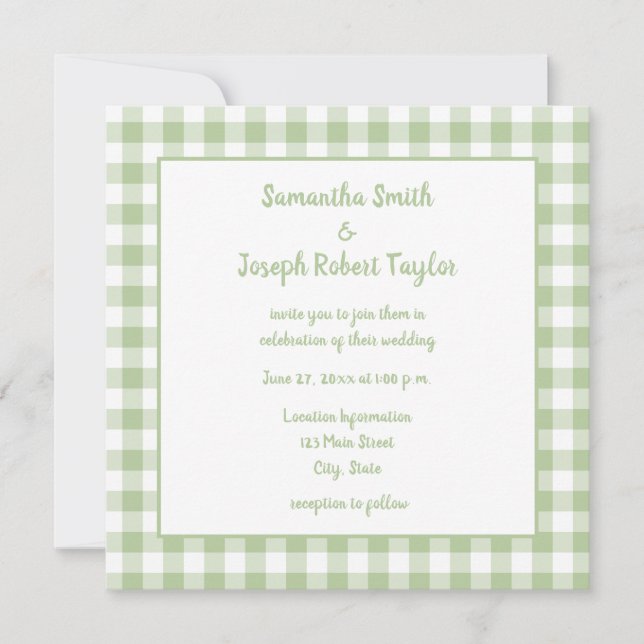 Sage Gingham Landsbyggsbröllop Inbjudningar (Framsida)