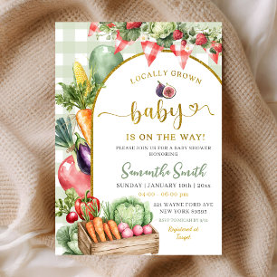 Sage Gingham lokalt odlade grönsaker baby shower Inbjudningar
