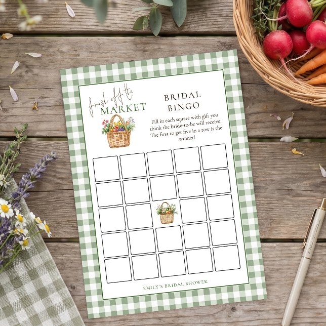 Sage Gingham Marknad Bröllopsdusch Bingo kort (Skapare uppladdad)