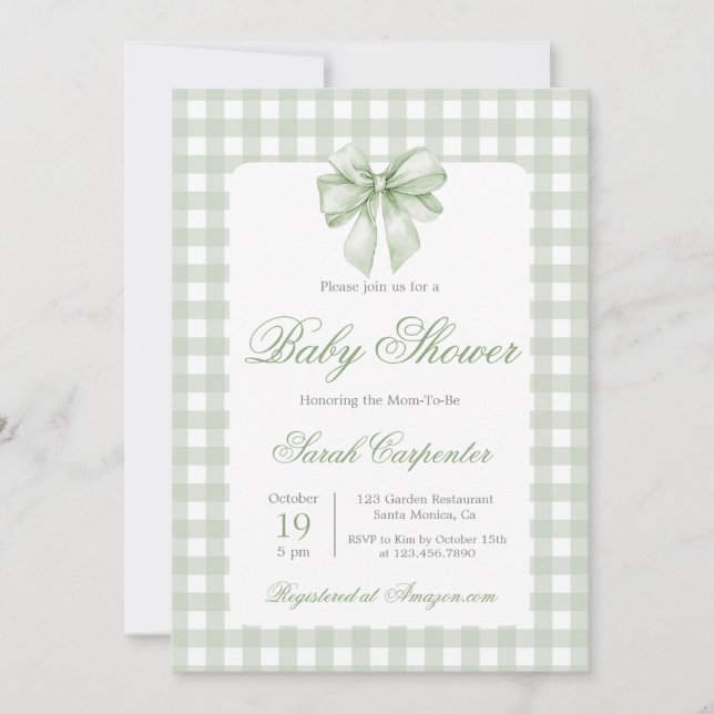Sage Gingham och Bow Baby Shower Inbjudningar (Framsida)