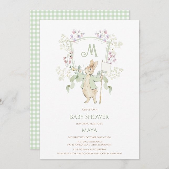 Sage Gingham Peter, Rabbit Monogram Baby Shower Inbjudningar (Fram/baksida)