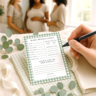 Sage Gingham Predictions Baby Shower Game Card Inbjudningar