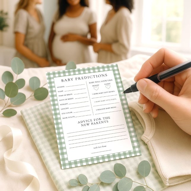 Sage Gingham Predictions Baby Shower Game Card Inbjudningar (Skapare uppladdad)