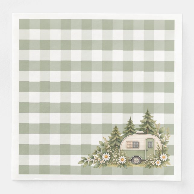 Sage Gingham Watercolor Camping Pappersservett (Framsida)