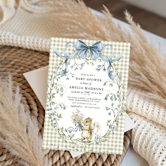 Sage Gingham Woodland Squirrel Baby Shower Inbjudningar (Skapare uppladdad)
