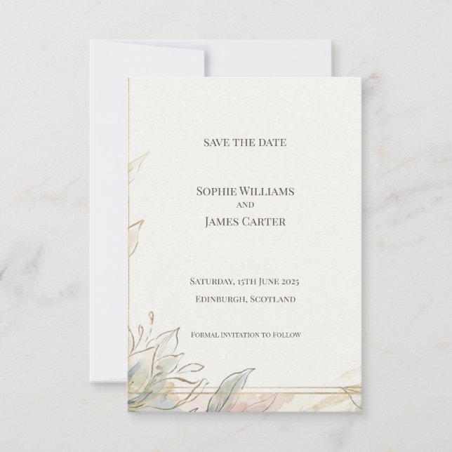 Sage Gold Botanical Save the Date-kort Spara Datumet (Framsida)