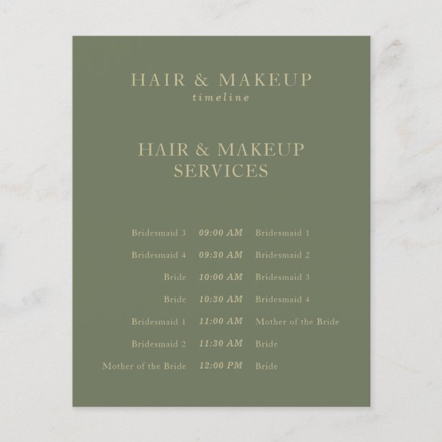 Sage Gold Budget Bröllopshår Makeup Tidslinje Flygblad (Framsidan)
