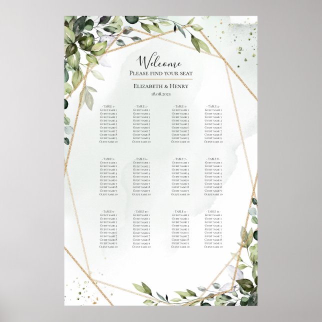 Sage gold eucalyptus boho wedding seating chart poster (Framsidan)