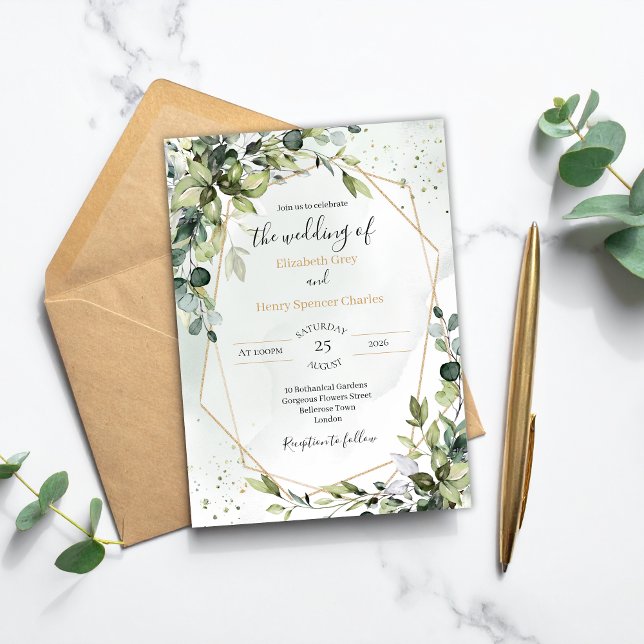 Sage gold eucalyptus geometric A5 wedding invite Inbjudningar (Skapare uppladdad)