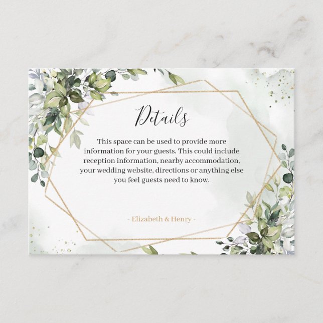 Sage gold eucalyptus geometric wedding detail card tilläggskort (Framsida)