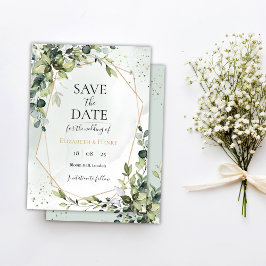 Sage gold eucalyptus geometric wedding save date inbjudningar