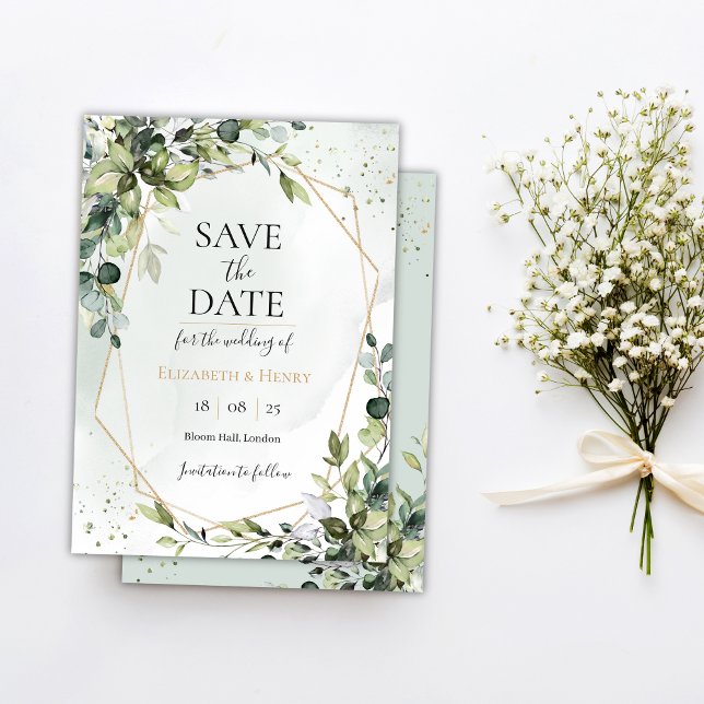 Sage gold eucalyptus geometric wedding save date inbjudningar (Skapare uppladdad)