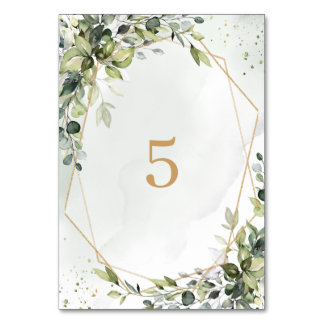 Sage gold eucalyptus geometric wedding table sign bordsnummer