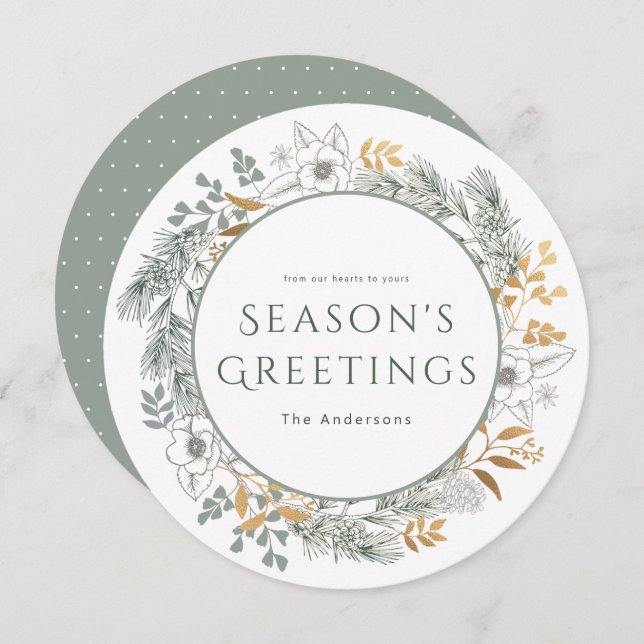 Sage Gold Krans Julhälsningar Högtidskort (Fram/baksida)