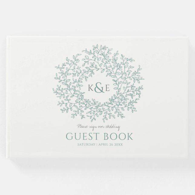 Sage grått grönt white löv monogram art bröllop gästböcker (Framsida)
