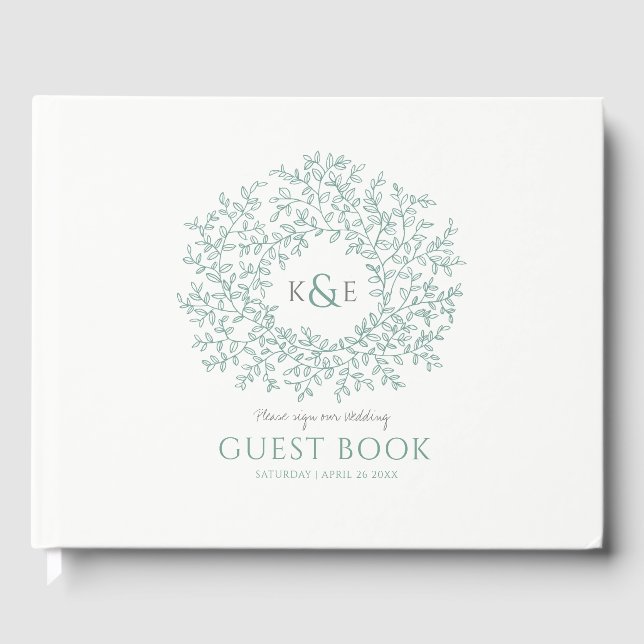 Sage grått grönt white löv monogram art bröllop gästböcker (Framsida)