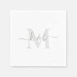 Sage & Grått Monogram Swash Script White Cocktail Pappersservett