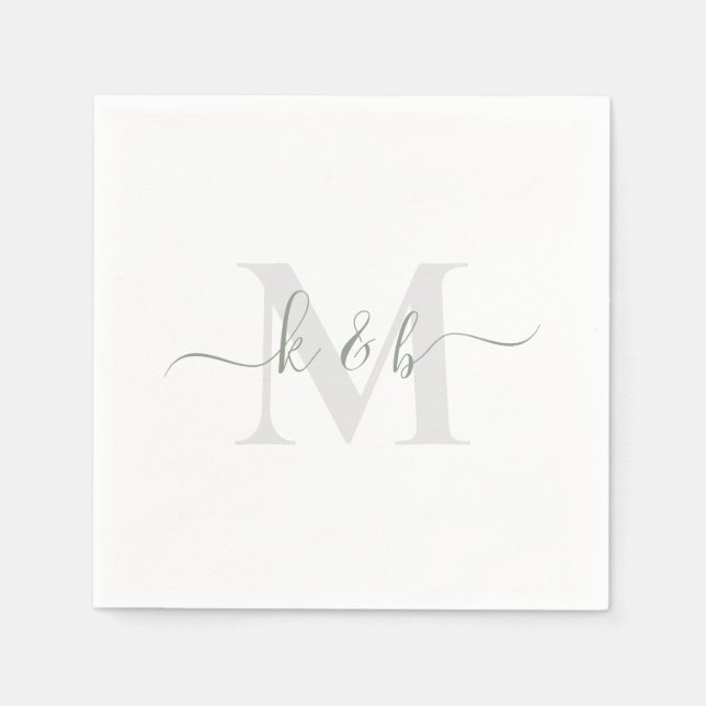 Sage & Grått Monogram Swash Script White Cocktail Pappersservett (Framsidan)