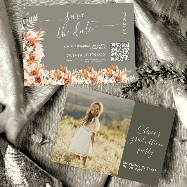 Sage Gray Terracotta Graduation Save the Date QR  Spara Datumet (Skapare uppladdad)