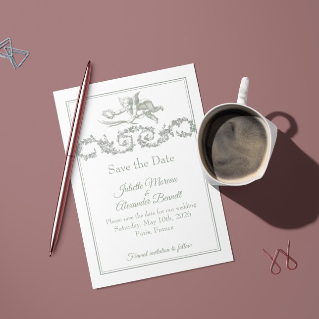Sage Gray Toile de Jouy Cherub Save the Date Card Spara Datumet (Skapare uppladdad)
