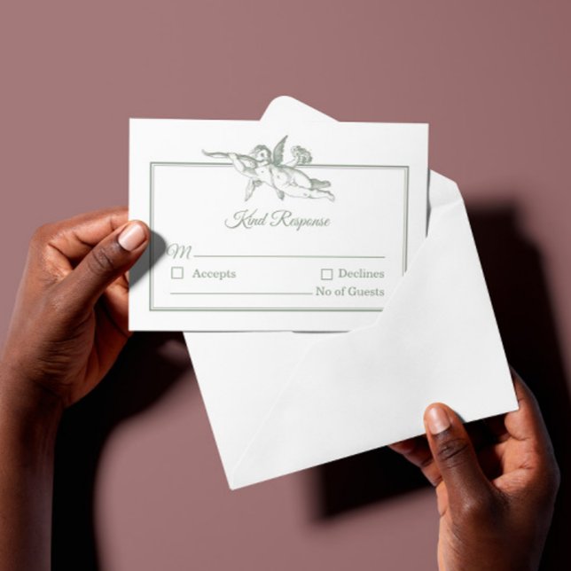 Sage Gray Toile de Jouy Cherub Wedding RSVP Card OSA Kort (Skapare uppladdad)