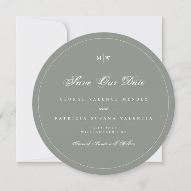 Sage Gray White Elegant Round Photo Save The Date Inbjudningar (Framsida)