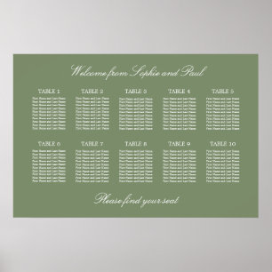 Sage Green 10 Bord Bröllop Placeringsplan Affisch