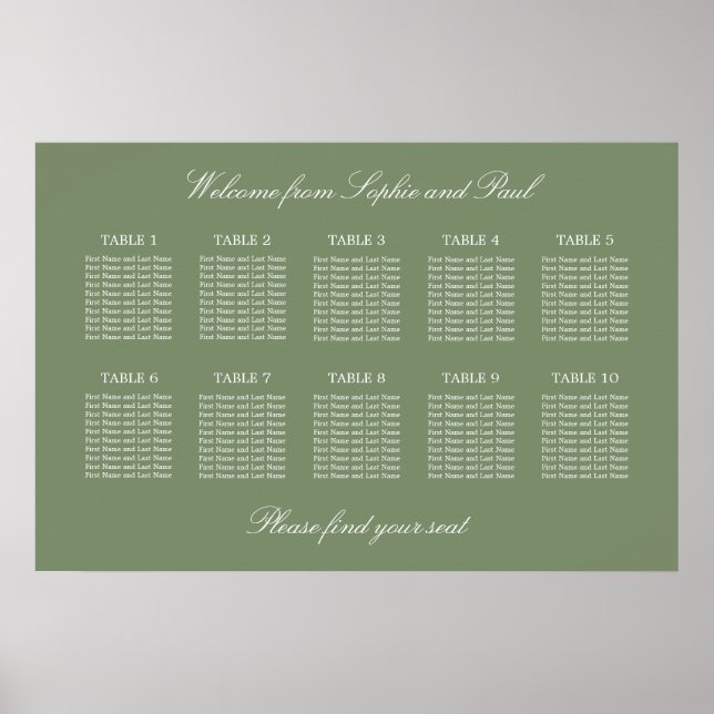 Sage Green 10 Bord Bröllop Placeringsplan Affisch (Framsidan)