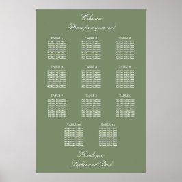 Sage Green 11 Bord Bröllop Platsindelning Affisch
