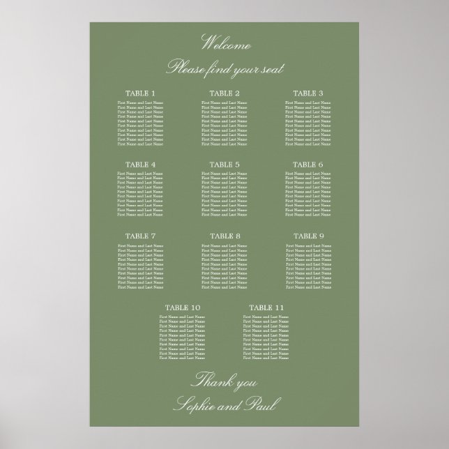 Sage Green 11 Bord Bröllop Platsindelning Affisch (Framsidan)