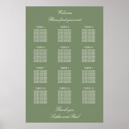 Sage Green 12 Bord Bröllop Placeringsplan Affisch