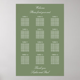 Sage Green 12 Bord Bröllop Placeringsplan Affisch