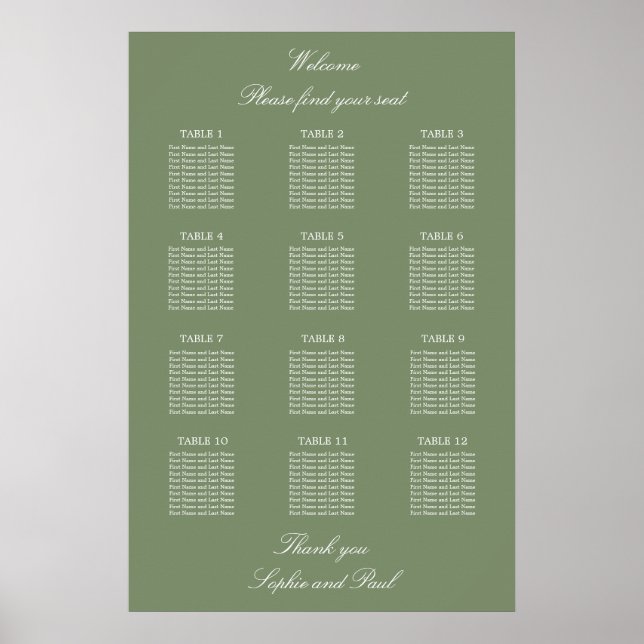 Sage Green 12 Bord Bröllop Placeringsplan Affisch (Framsidan)