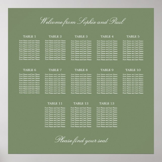 Sage Green 13 Bord Bröllop Platsindelning Affisch (Framsidan)