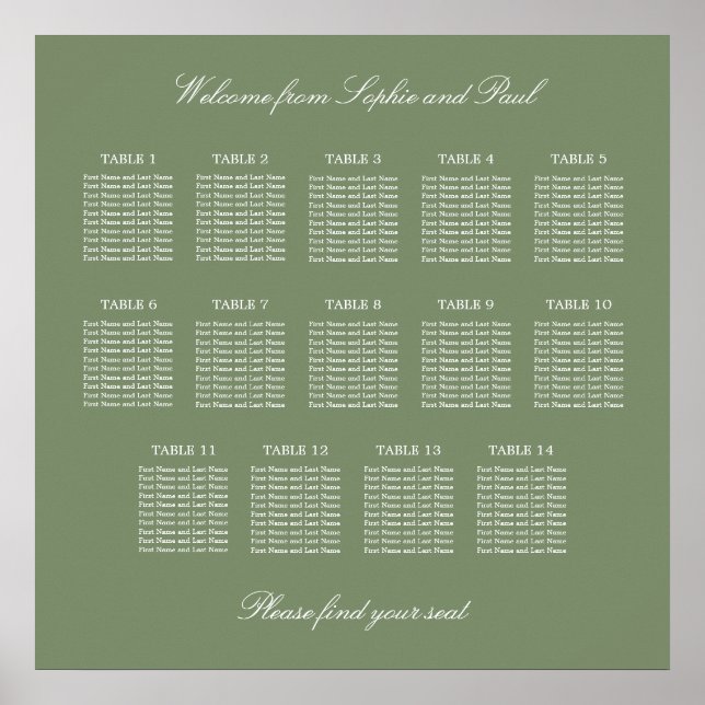 Sage Green 14 Bord Wedding Platsindelning Affisch (Framsidan)